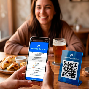 Persona en un restaurante usando su celular para ver el menú digital de Pedido Directo tras escanear un código QR en la mesa, con empanadas y una cerveza de fondo.